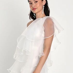 Lulu's One Shoulder White Ruffle Dress